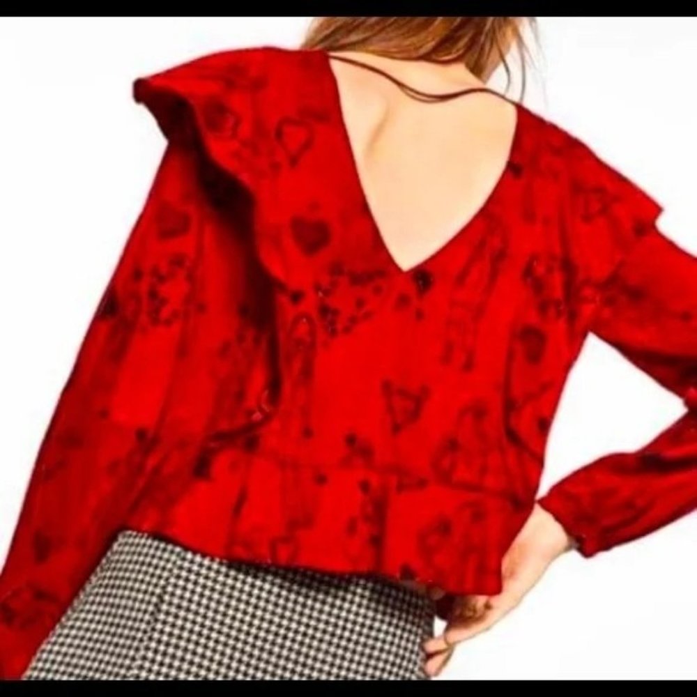 Zara Trafaluc Womens Top XS Red Anime Cartoon Drawings Print Ruffle Long Sleeve - Picture 2 of 6